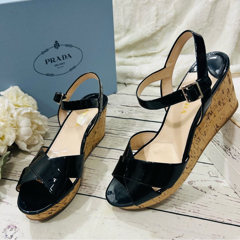 Prada calzature donna wedge cork vernice slingback sandals NWT
